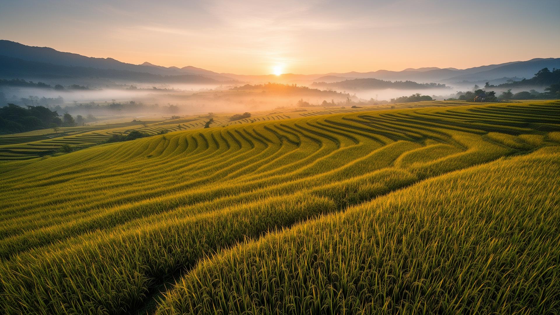 Vast golden rice fields at sunrise with misty mountains in the distance