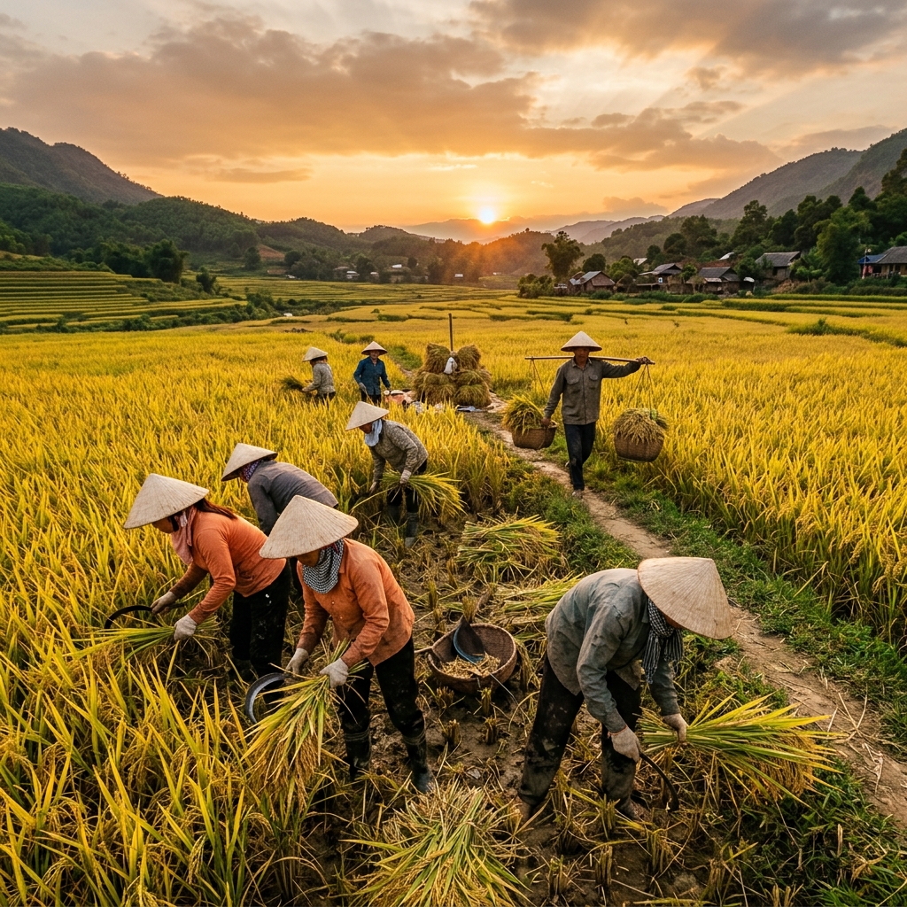 Farmer harvesting rice at sunset