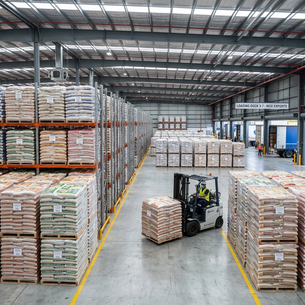 Rice stacked in warehouse